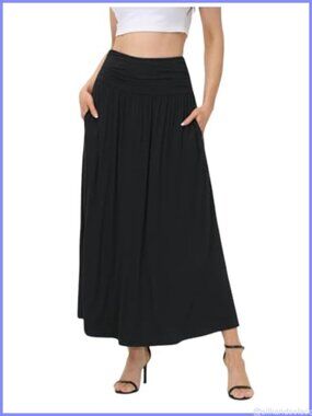 Women's Ruched High Waisted Maxi Skirt with Pockets Flowy Casual Long Skirt